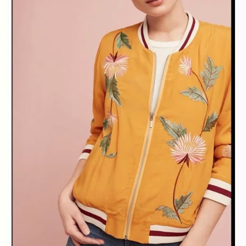 Anthropologie Yellow Embroidered Solstice Bomber Jacket by Elevenses